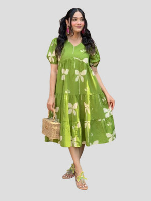 Shreeji Boutique Women A-line Green Midi/Calf Length Dress