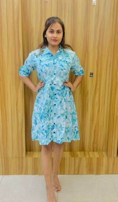 JKP COLLECTIONS Women Fit and Flare Light Blue, White Dress