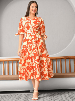DEHITAFASHION Women Fit and Flare Multicolor Midi/Calf Length Dress