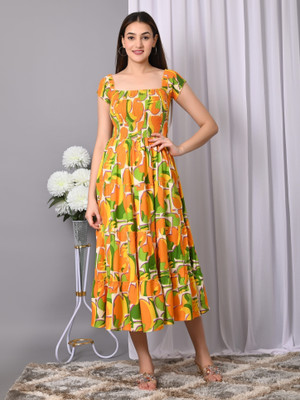 IQRAAR Women Fit and Flare Multicolor, Yellow Midi/Calf Length Dress