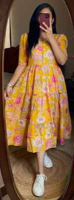 Naiwal Creation Women Gown Multicolor, Yellow Midi/Calf Length Dress