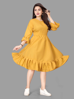 HOUSE OFF COMMON Women A-line Yellow Knee Length Dress