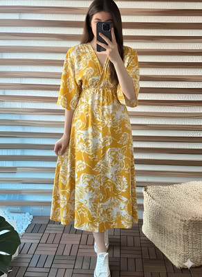 RAAM TEXTILE Women Gown Yellow Knee Length Dress