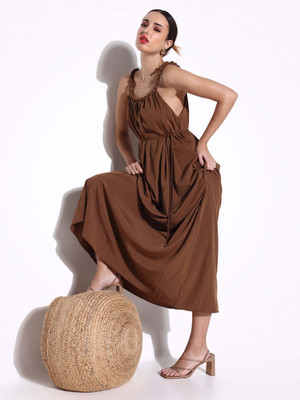 SHOWOFFFF Women Fit and Flare Brown Midi/Calf Length Dress