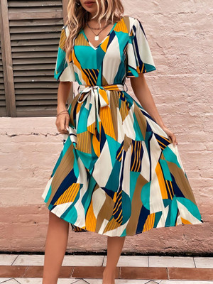 OTABU Women A-line Multicolor Midi/Calf Length Dress