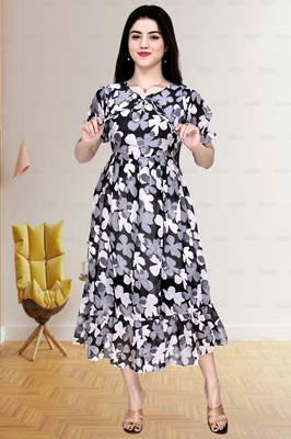 AMORE CREATION Women A-line Black Midi/Calf Length Dress