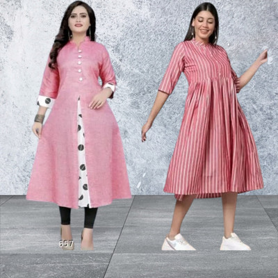 Houseofcommonk Women Printed, Striped Anarkali Kurta(Pink)