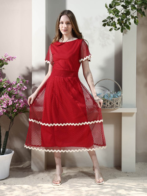 ATHENA Women Fit and Flare Red Midi/Calf Length Dress