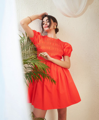 SASSAFRAS Women Tiered Orange Above Knee/Mid Thigh Length Dress