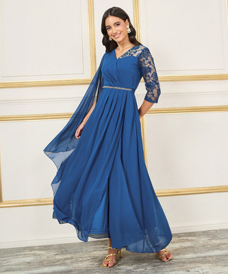 Miss Chase Women Asymmetric Blue Maxi/Full Length Dress