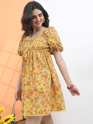 Tokyo Talkies Women Skater Yellow Above Knee/Mid Thigh Length Dress