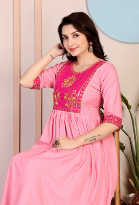 jeqson Women Fit and Flare Pink Midi/Calf Length Dress