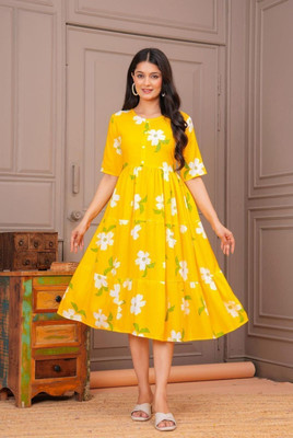 Mawlya Women A-line Yellow Midi/Calf Length Dress