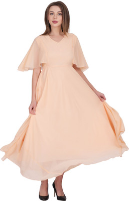 MUZUN Women A-line Beige Midi/Calf Length Dress