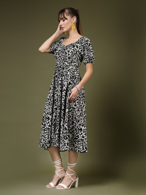 Dressberry Women Fit and Flare Black Below Knee Dress