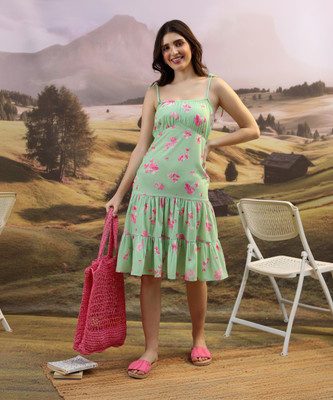 Tokyo Talkies Women Tiered Light Green, Pink Knee Length Dress