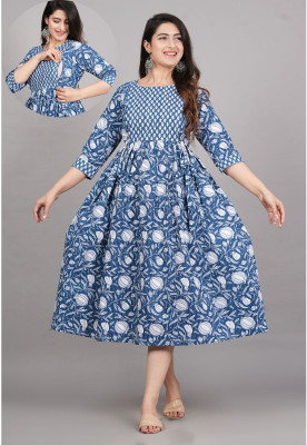 Soaring High Women Fit and Flare White, Blue, Light Blue Midi/Calf Length Dress