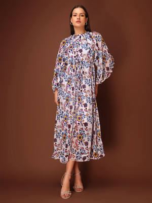 PURVAJA Women Fit and Flare Multicolor Midi/Calf Length Dress