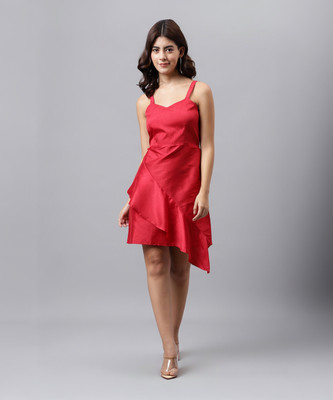 Trymisfit Women Fit and Flare Red Above Knee/Mid Thigh Length Dress