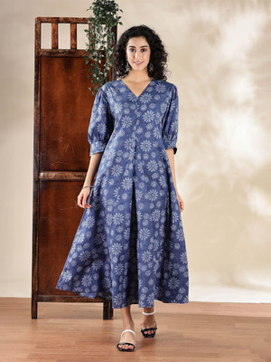 ANOUK Women Fit and Flare Blue Maxi/Full Length Dress