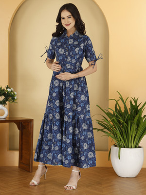 DHRUVI Women Gathered Blue Midi/Calf Length Dress