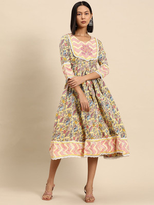 all about you Women Empire Waist Yellow Midi/Calf Length Dress
