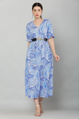 VIRGO MODA Women Fit and Flare Light Blue, Blue, White Midi/Calf Length Dress