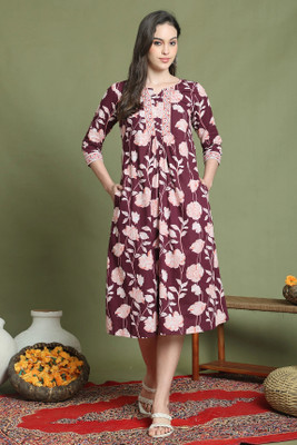 Rajnandini Women A-line Maroon Midi/Calf Length Dress