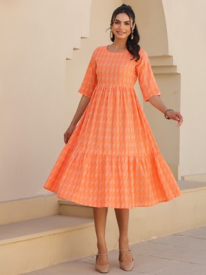 Janasya Women Tiered Orange Dress