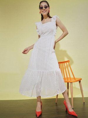 saanvi collection Women Drop Waist White Midi/Calf Length Dress