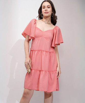 Tokyo Talkies Women Layered Pink Above Knee/Mid Thigh Length Dress