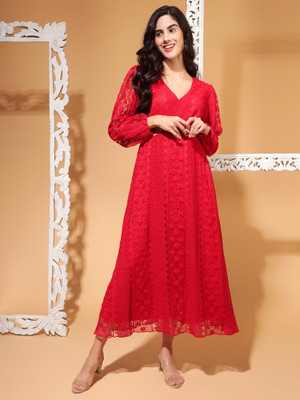 DRAPE AND DAZZLE Women Fit and Flare Red Midi/Calf Length Dress