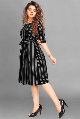 Gurudev Fashiion Women A-line Black, White Knee Length Dress