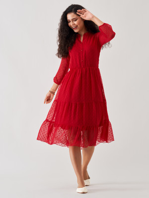 AASK Women Fit and Flare Red Midi/Calf Length Dress