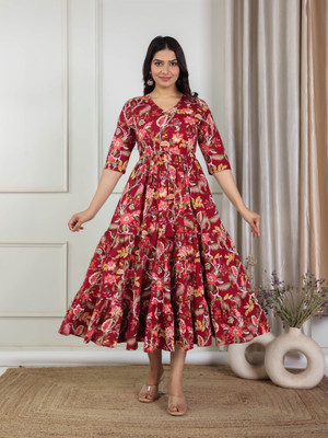 Aramya Women Fit and Flare Maroon Ankle Length Dress