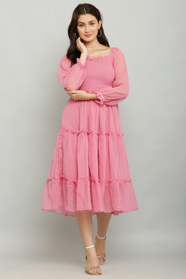 REESE Women A-line Pink Midi/Calf Length Dress
