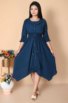 Sk style Women A-line Dark Blue Midi/Calf Length Dress