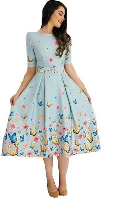 FOXDX Women Fit and Flare Multicolor Midi/Calf Length Dress