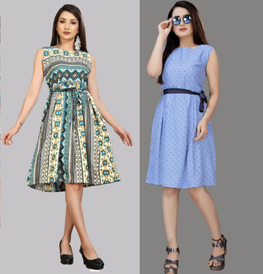 maruti fab Women Fit and Flare Blue Knee Length Dress