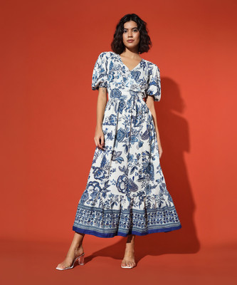 THE DRY STATE Women Fit and Flare White, Blue Midi/Calf Length Dress