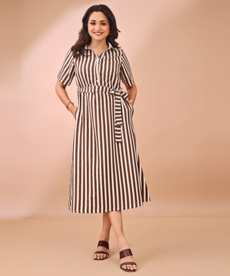 FashFun Women Fit and Flare Brown Midi/Calf Length Dress