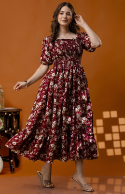 fantasy fab Women Printed Anarkali Kurta(Red)
