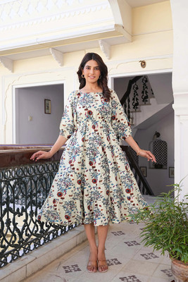 IKRASS Women Tiered Green Midi/Calf Length Dress