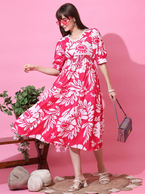 Sheetal Accociates Women Fit and Flare Pink, White Midi/Calf Length Dress