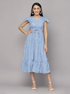 AAYU Women Fit and Flare Light Blue, White Midi/Calf Length Dress