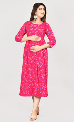 Drashti Textiles Women Gown Pink Midi/Calf Length Dress