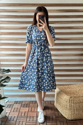 Glam Kanya Women Fit and Flare Blue Midi/Calf Length Dress