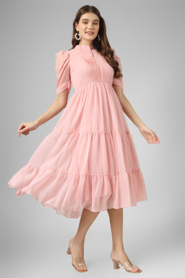 Wownoon Women Fit and Flare Beige Midi/Calf Length Dress