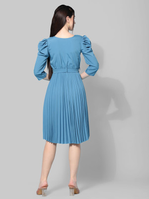 HOUSE OFF COMMON Women Fit and Flare Light Blue Knee Length Dress