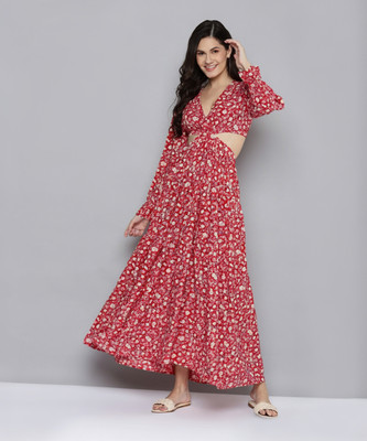 SASSAFRAS Women Fit and Flare Red Ankle Length Dress